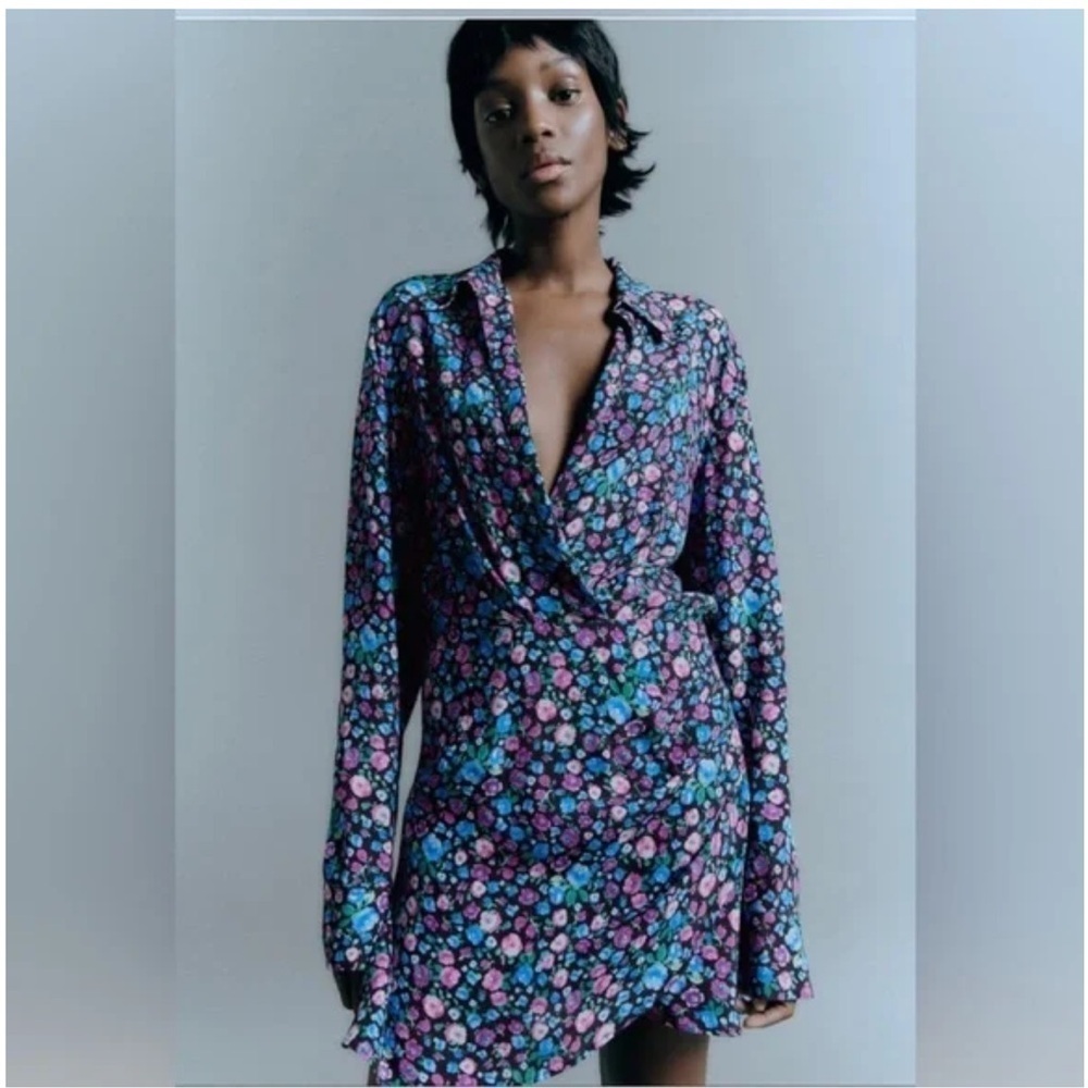 Zara Floral Long Sleeve Shirt Dress NWT Sz M — Wrap Mini